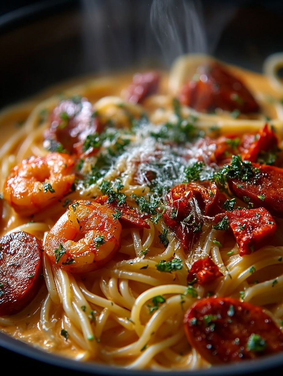Spaghetti Gourmands à la Crème de Poivron, Chorizo et Crevettes image 2