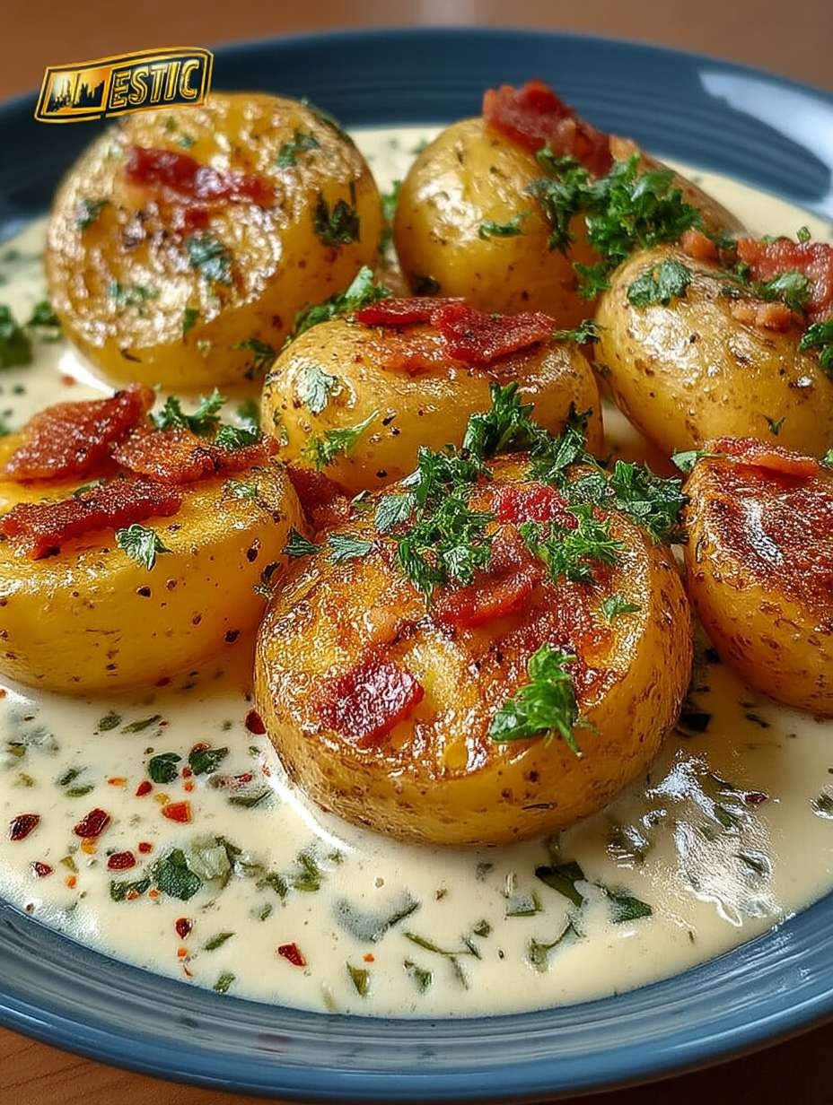 Recette de Pommes de Terre Grenaille à la Sauce Crémeuse à l’Ail et Lardons image 2